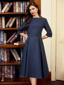 Vintamour 复古经典优雅女装秋冬修身船领连衣裙七分袖连衣裙海军蓝连衣裙金属纽扣口袋连衣裙 - 藏蓝色 - 查看 7