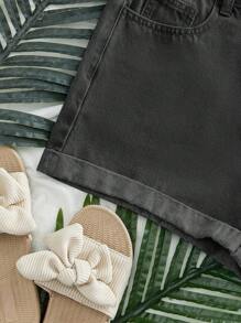 SHEIN EZwear Quần short denim đa năng thường ngày có túi bo gấu dành cho nữ - màu đen - Xem 3