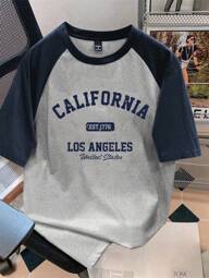 Manfinity Joysei 海军蓝和浅花灰色拼色男士 T 恤，休闲学院风字母图案，适合夏季日常穿着