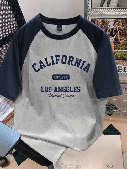 Manfinity Joysei เสื้อยืดคอกลมสำหรับผู้ชายโทนสีน้ำเงินเข้มและเทาลายดอกไม้อ่อน สไตล์คาสูลมหาวิทยาลัย ลวดลายกราฟฟิค เหมาะสำหรับใส่ในช่วงฤดูร้อน และใส่ประจำวัน