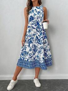 SHEIN LUNE Große Größen Ärmellose A-Linien Lässig Kleid mit Allover-Muster für Damen, Sommer Urlaubsoutfit Frau Boho Strandoutfit für Frau, Urlaubsoutfits Frühling & Sommer Lässig Urlaub Bohemien Porzellan-Muster Ärmellos knöchellang Kleid für berufstätige Lässig Frau - Blau-Weiß - Übersicht 6