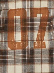 Playful Pals 1 件年轻男孩复古格纹长袖有领衬衫，数码印花休闲宽松纽扣夹克，百搭牛仔裤或休闲裤，秋季新品 - 卡其色 - 查看 7