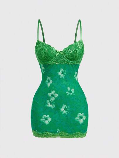 Amplova Green Knitted Mini Dress With Spaghetti Straps And Floral Lace Details Lace Green Dress