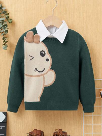 SHEIN Young Boy Cartoon Animal Graphic Crew Neck Long Sleeve Casual Sweater Boys Autumn Winter Sweater Kids Sweater Sweater For Boys Winter Sweaters For Kids Boys Winter Clothes Fall