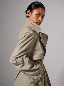 COSMINA Women's Solid Color Waist Pocket Casual Long Sleeve Trench Coat In Fall/Winter - Khaki - View 5