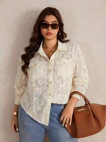 Elaquor Camisa de moda de manga larga con bolsillo, cierre de un pecho y estampado floral jacquard para mujer de talla grande - Albaricoque - Ver 4