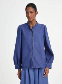 Daynim 女式长袖单排扣宽松休闲牛仔衬衫 - 中等水洗藍 - 查看 3