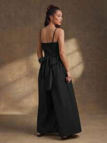 WESTFADE 春季府绸斜领蝴蝶结后背西部无袖可爱阔腿实用连体裤夏季海滩度假装 - 黑色 - 查看 2