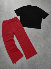 Manfinity Roghcode Manfinity Streetrush Pakaian Streetwear Pria Hitam dan Merah 2pcs Set, Kaos Lengan Pendek Crop dengan Motif Gambar & Huruf & Celana Panjang Lebar Tema Liburan Kota Musim Panas - MultiWarna - View 4