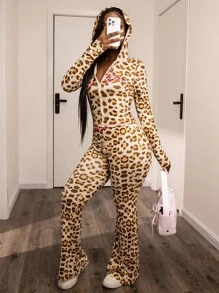 Zyxie 2 件套女式秋季豹纹拉链连帽上衣和猎豹印花裤休闲套装 - 棕色 - 查看 1
