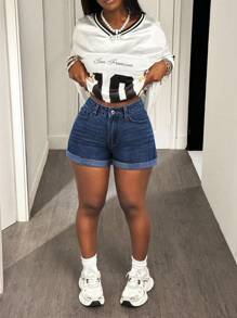 Slaydiva 女士夏季休闲街头破洞卷边牛仔短裤 - 深色水洗藍 - 查看 5