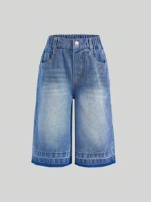 Girls'' Casual Distressed Denim Capri Pants, Soft Cotton Loose Fit, Fashionable Streetwear For Summer Holiday Daily Wear