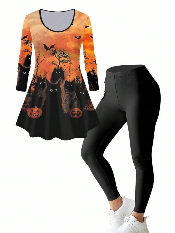 SHEIN Plus Size Halloween Bat Black Cat Pumpkin Print Women's Fashion Two Pieces Set