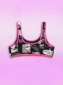 Teenager Girl Letter & Cartoon Character Print Butterfly Decor Training Bra,Cute Summer Sports Bra For Tweens,Kids Girls Training Bras For Work - Black - View 2