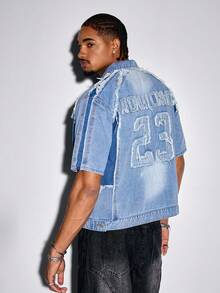 ROMWE MEN Prep Men's Denim Digit Patch Zip Front Casual Washed Top - Blue - View 3