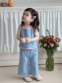 Hapijoa Ensemble blouse sans manches avec ligne décorative style coréen + pantalon large et ample en jean pour tout-petites filles - Jean clair - Voir 8