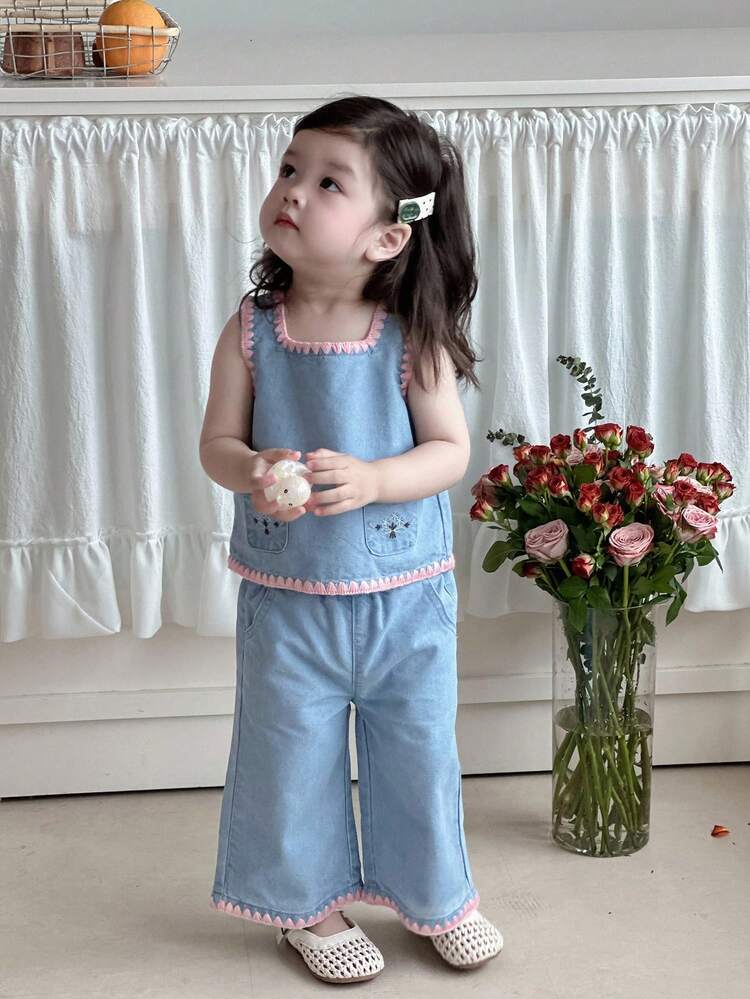 Toddler Girls Decorative Line Splice Korean Style Sleeveless Blouse + Loose Wide-Leg Jeans Pants Set