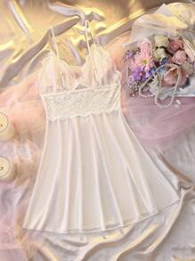 DelicateAllure Women's Fashion Solid Color Lace Strap Pajama Nightdress Dressnight Dress Night Nightwearlingerie Dress Holidayseason Cozy And Elegant Details - White - View 6