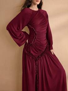 Graceveil Women's Ultra Long Spring & Summer Mesh Knit Ruffle Hem Split Modest Elegant Charming Fashion Dress - Burgundy - View 6