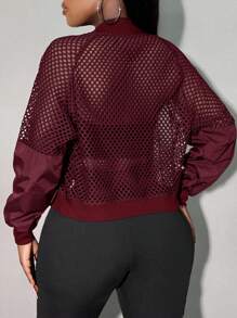SHEIN SXY Women's Sheer Sleeve Patchwork Cropped Baseball Jacket In Fall/Winter - Burgundy - View 2