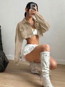 SHEIN ICON Women's Casual Street Style Sexy Flap Pocket Distressed Raw Hem Short Denim Jacket - Apricot - View 5