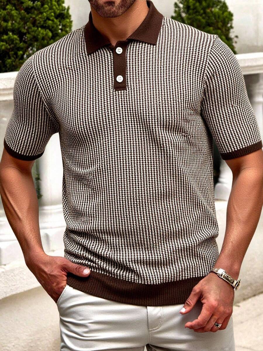 RueChic Camisa polo de cremallera media regular con textura de moda para hombres
