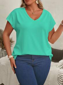 EMERY ROSE Plus Size Women's Solid Color V-Neck Batwing Short Sleeve Casual T-Shirt, Summer - Multicolor - View 3