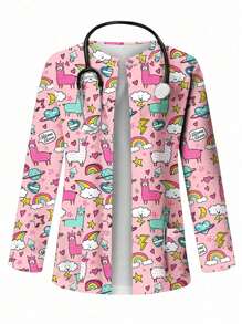 PopScrub Women All-Over Print Long Sleeve Uniform Jacket, Scrub Outerwear, Spring/Autumn - Pink - View 5