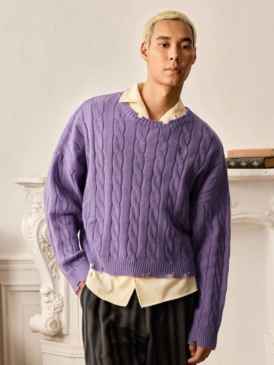 SWAVVY Men's Casual Solid Color Cable Knit Sweater, Autumn/Winter - Violet Purple - View 1