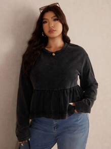 Elaquor 大码休闲简约纯色圆领荷叶边下摆T恤 - 灰色 - 查看 6