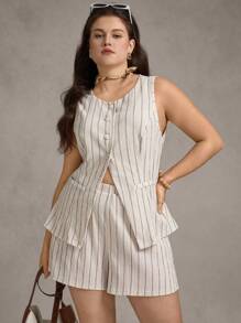 Zelara Plus Size Women's Striped Single Breasted Blazer Vest & Shorts Set,Beige,Summer,Smart Casual,Everyday Khaki Casual Lapel Neckline Woven Outerwear Set - Multicolor - View 3