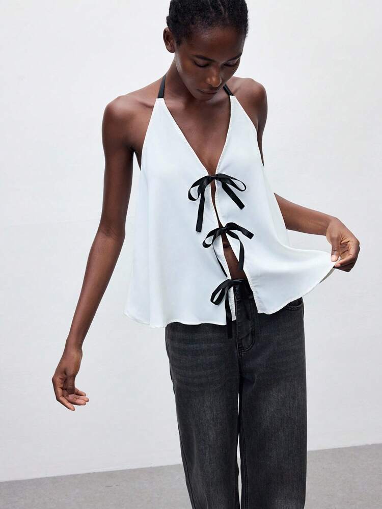 SHEIN Maija Women's White Halter Top With Black Bow Knot Detail - Casual And Cute Woven Fabric Sleeveless Top