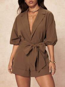 SHEIN PETITE 1件女士纯色翻领系腰带休闲连体衣 - 棕色 - 查看 7