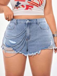SHEIN ICON Große Größen lässige Jeans-Shorts mit Ketten-Dekor und Destroyed-Effekt - Helle Waschung - Übersicht 4