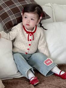 DAZY Baby Girl Casual Cute Polka Dot Pattern Colorblock Bow Decor Cardigan