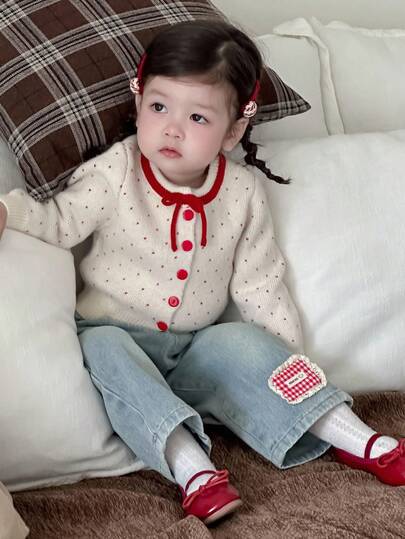 DAZY Baby Girl Casual Cute Polka Dot Pattern Colorblock Bow Decor Cardigan Toddler Girls Clothes