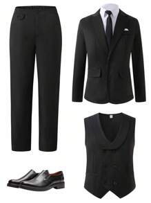 3pcs Teen Boy Gentleman Suit Set: Sophisticated Black Blazer Jacket + Slim Fit Double-Breasted Vest + Elegant Trousers. High-End Formal Suit Set Suitable For Birthday Party, Gala, Performance, Hosting, Wedding Season, Graduation Fall Winter - Black - View 3