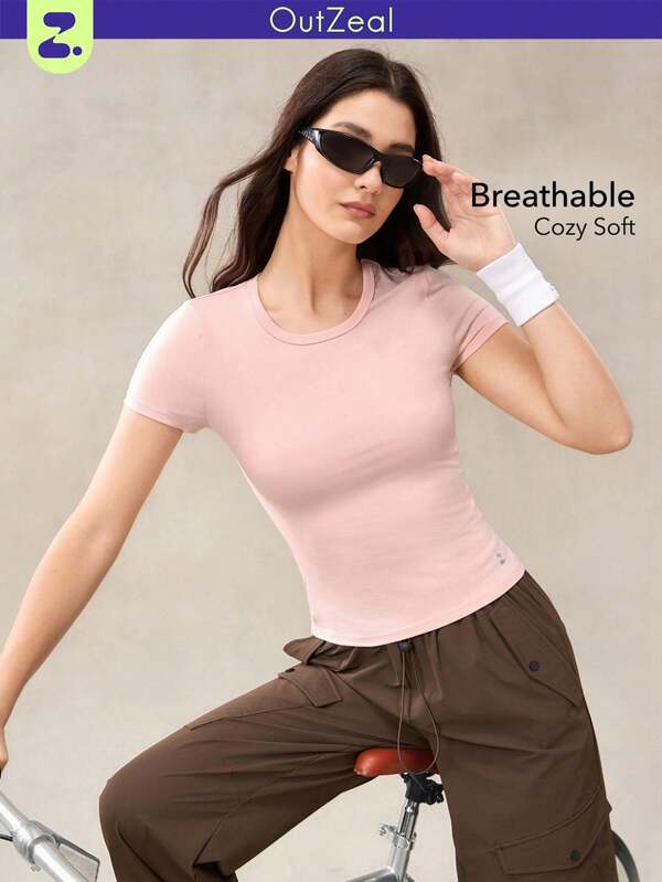 OutZeal Camiseta deportiva de mujer de cuello redondo, de manga corta, de modal y elástica, transpirable y suave, para entrenamiento y uso diario casual