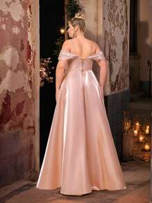 Glamrae 大码优雅浪漫香槟色闪亮缎面手工串珠荷叶边 A 字晚礼服（重饰设计） - 香檳色 - 查看 3