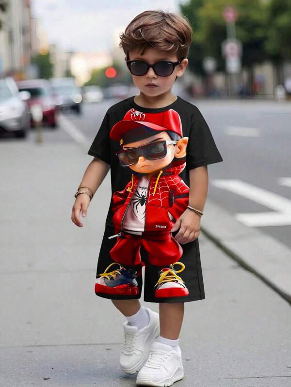 SHEIN Superhero & Young Boy Casual Cartoon Patterned Short Sleeve Round Neck Top And Shorts Set, Suitable For Summer Mafia Outfit For Kidskids Boys Clothing Setkids Clothes Boys Sets