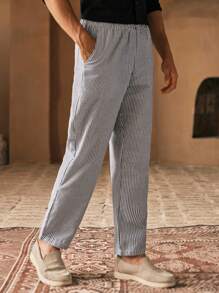 Manfinity VCAY 男士休闲梭织条纹中腰纽扣装饰锥形裤 - 彩色 - 查看 5