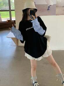 DAZY 女式字母印花仿二合一格子袖口宽松休闲 T 恤秋季上衣长袖上衣 - 黑色 - 查看 7