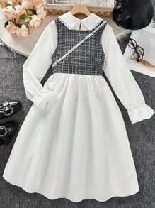 SHEIN 2件套女孩格子背心可拆卸领子连衣裙 - 白色 - 查看 3