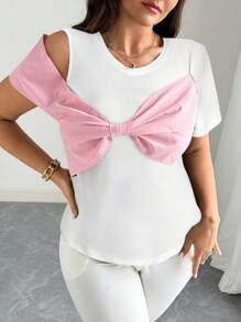 Elenzga Plus Size Women's Summer Bow Decor Short Sleeve Fashion T-Shirt - White - View 5