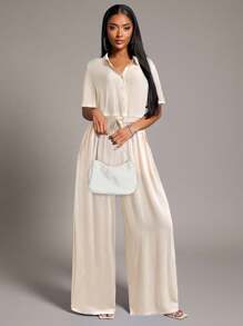 Radiana 女士舒适休闲蓝色宽松两件套：短款衬衫 + 喇叭阔腿裤，适合海岛度假、沙滩装、家居服、聚会、日常穿着 - 杏色 - 查看 3