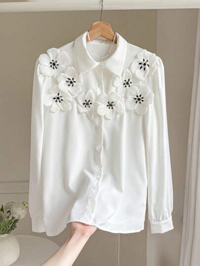 INAWLY Blusa elegante con decoración floral 3D para uso diario de mujeres