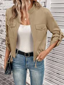 EMERY ROSE 秋冬短款抽绳下摆纯色休闲通勤夹克