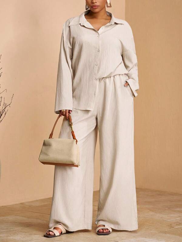 Veslaya 2025 New Spring/Summer Plus Size Women Vintage Western/Tropical/Music Festival/Club/Road Trip/ Vacation/Casual/City Trip/Graduation Date/Elegant Vacation 2 Pieces Set - Blue Textured Fabric Shirt Long Sleeve Top With Elastic Waist Loose Leg Pants Linen Two Piece Set Wide Leg Pants Set Two Piece Pant Set