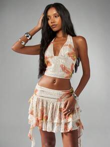 MISSGUIDED 手工制作的亮片迷你裙，分层褶边设计，节日派对俱乐部服装，晚装，高腰，闪耀节日，特殊场合，花卉图案 - 彩色 - 查看 6