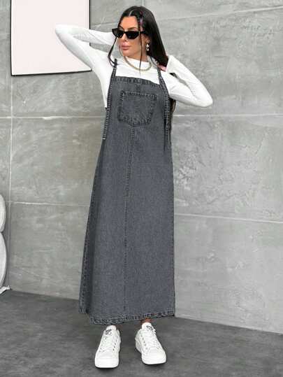 EURMUSE WOMEN LONG DENIM DRESS POCKET DETAILED